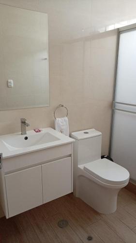 a bathroom with a toilet and a sink and a mirror at Hotel San Cosme in Camaná