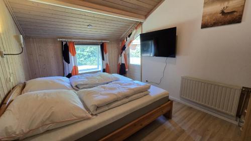 a bedroom with a bed and a television in a room at Ferienhaus-Bambi in Haren