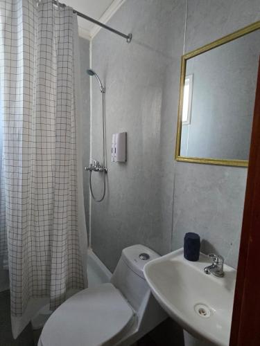 a bathroom with a toilet and a sink and a shower at Cabañas JP puerto montt in Puerto Montt