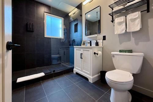 a bathroom with a toilet and a shower at Danforth Hotel in Toronto
