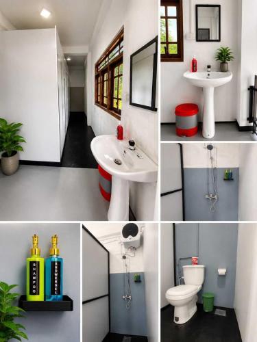eine Fotocollage eines Badezimmers mit Waschbecken und Toilette in der Unterkunft Hostel Base Ella in Ella