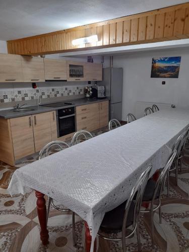 a kitchen with a large table with chairs and a counter at Cabana Dory și Dan in Arieşeni