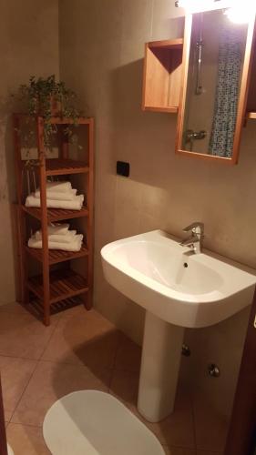 bagno con lavandino e mensola con asciugamani di Veronetta lovely apartment a Verona