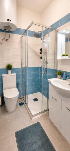 a bathroom with a shower and a toilet and a sink at Casa Giusto Ischia 3 in Ischia Town
