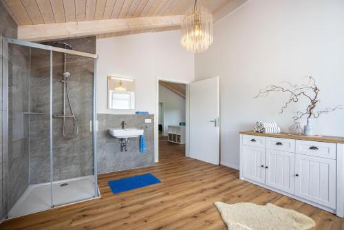 a bathroom with a shower and a sink at Blaues Haus in Buchloe