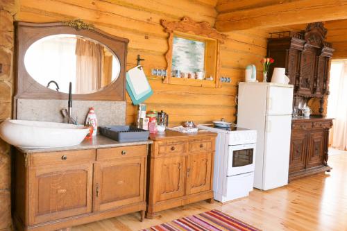 a kitchen with a sink and a white refrigerator at Privaatne maja metsas, kraanist voolab allikavesi in Plaani