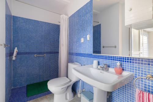 a blue tiled bathroom with a toilet and a sink at MM Delta Holidays in El Lligallo del Gànguil