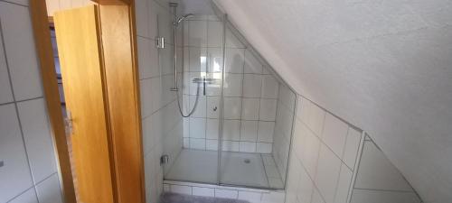 a shower in a bathroom with white tiles at Gästehaus Wetzel in Braunlage