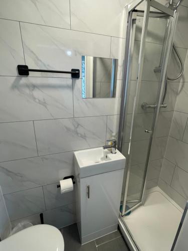 a bathroom with a shower and a toilet and a sink at Private studio with a private bathroom and kitchenette in Edmonton