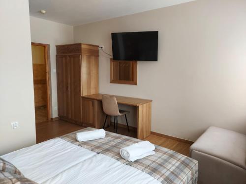 a bedroom with a bed and a desk and a television at Dom Wypoczynkowy U Chramca in Białka Tatrzańska