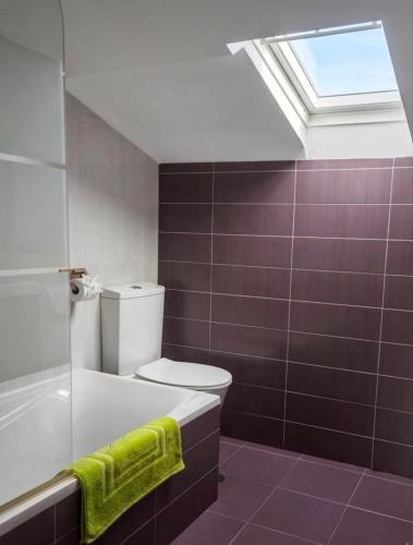 a bathroom with a toilet and a skylight at Casa Evita in Sanxenxo