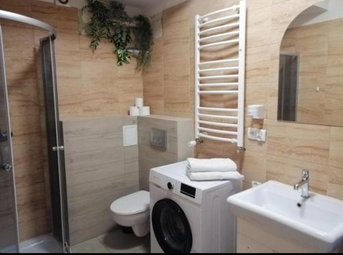 a bathroom with a toilet a sink and a washing machine at Apartament Orłowo in Gdynia