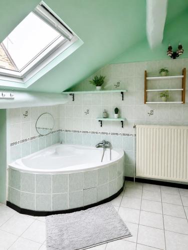 a bath tub in a bathroom with a skylight at Évasion Familiale à Essises - Proche des vignobles in Essises