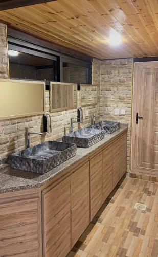 two sinks in a bathroom with wooden walls at Dana luxury huts in Dana