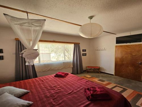 a bedroom with a red bed and a window at BKZ Self-Catering in Solitaire