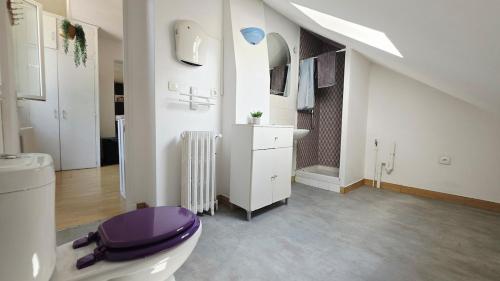 a bathroom with a purple toilet and a sink at Domaine Les Tourelles - Gîte 3 in Caffiers