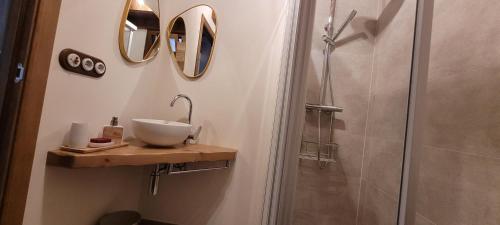 a bathroom with a shower and a sink and mirror at A Bodega da Xesteira in Melón