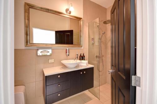 a bathroom with a sink and a mirror at Chapel Apartments in Dunedin
