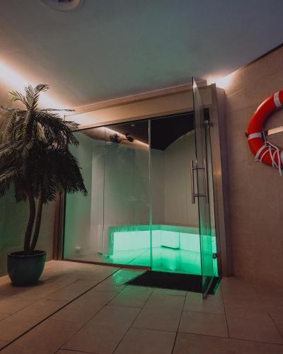 a bathroom with a glass shower with a potted plant at JS Palma Plaza in Palma de Mallorca