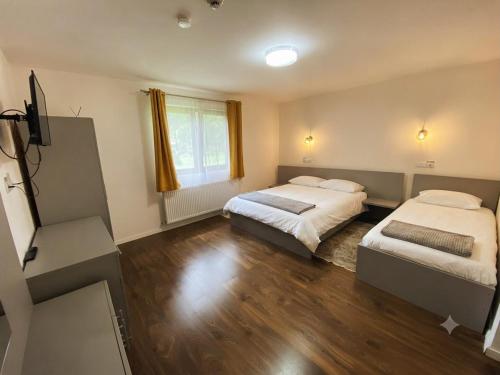 a room with two beds and a television in it at Pensiunea Barsan in Vişeu de Sus
