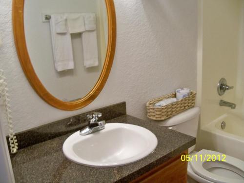 a bathroom with a sink and a mirror and a toilet at Lake Roy Beach Inn - Winter Haven in Winter Haven