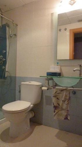 baño con aseo y estante de cristal en Apartamento Ones Playa Mero, en Salou