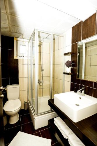 a bathroom with a toilet and a sink and a shower at Family Resort Hotel in Selimpasa