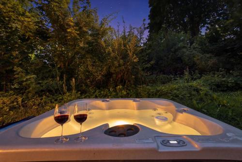 two glasses of wine sitting in a hot tub at Odsherred Feriehus in Asnæs