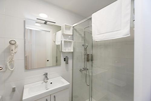 a bathroom with a shower and a sink and a mirror at Apartamentos Pombal in Santiago de Compostela