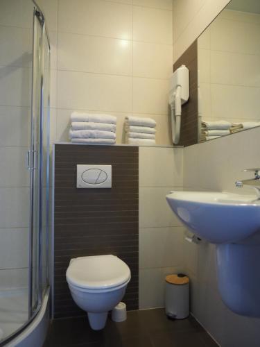 a bathroom with a toilet and a sink at Iness Hotel in Łódź