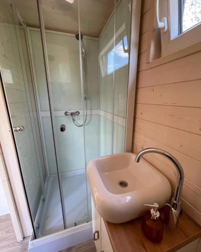 a bathroom with a sink and a shower at Vigvam penzion in Němčice