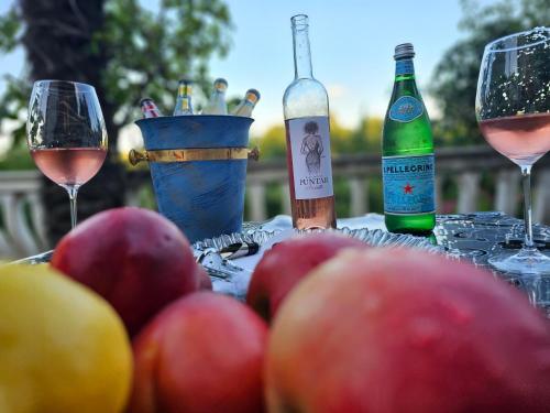 a table with two glasses of wine and apples at Kiki - Emerald River Suite with Private Gardens in Čapljina