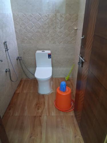 a bathroom with a toilet in a shower stall at Hotel Kunj Palace in Etah