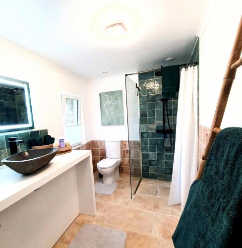 a bathroom with a sink and a toilet and a shower at Tranquillity in a modern unit in Bazugues