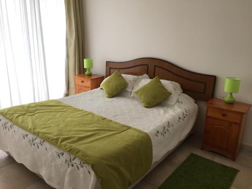 1 dormitorio con 1 cama con sábanas y almohadas verdes en Los Perales Poniente Apartment, en La Serena
