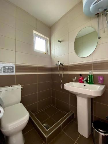 a bathroom with a toilet and a sink and a mirror at Apartments Buena Vista in Ulcinj