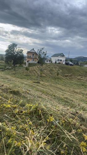 a field with two houses on top of it at Jezerina in Šavnik
