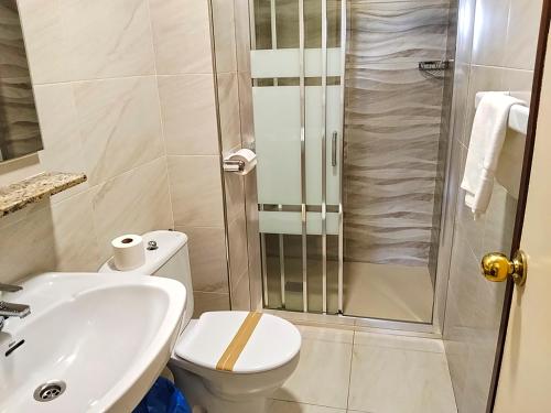 ein Badezimmer mit Dusche, Toilette und Waschbecken in der Unterkunft Hotel Herbiña 3000 in Cambados