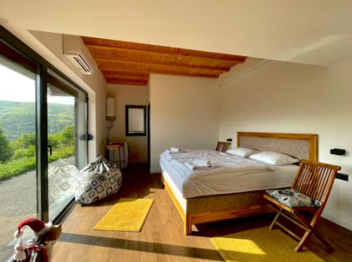 a bedroom with a bed and a large window at Engadin Mountain Kucica in Brda