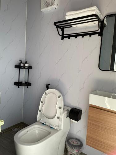 a bathroom with a white toilet and a sink at Bee House in Long Thủy
