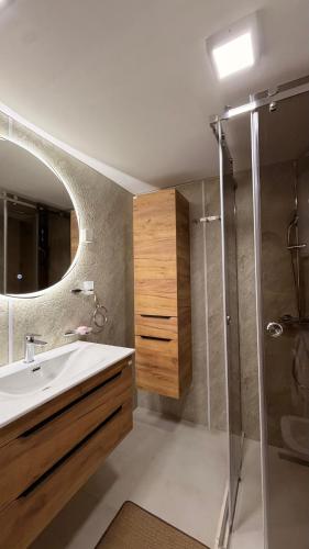 a bathroom with a sink and a shower at Mountain Paradise House in Žabljak