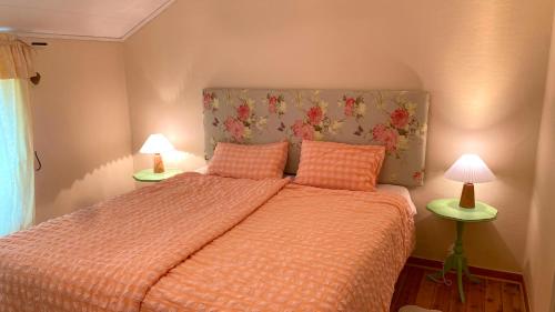 a bedroom with a bed and two lamps on tables at Markhus Apartment Near Langfoss in Markhus
