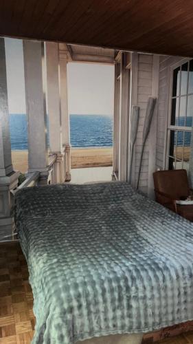 a bedroom with a large bed with a view of the ocean at Vila Damjanka Banja Vrujci in Popadić