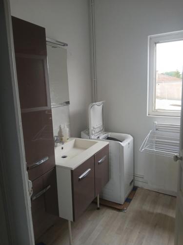 a bathroom with a sink and a refrigerator at Riverside house in Issoudun