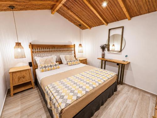 a bedroom with a large bed and a mirror at Navis Luxury in Skala Kallirachis