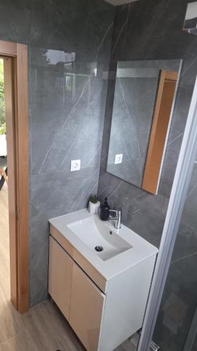 a bathroom with a white sink and a mirror at Quinta de Basto House in Felgueiras