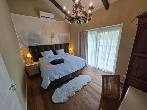 a bedroom with a large bed and a chandelier at Landhaus Sweet Escape in Löningen