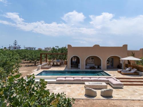 a villa with a swimming pool and a patio at Oinopia Country Villas in Egina