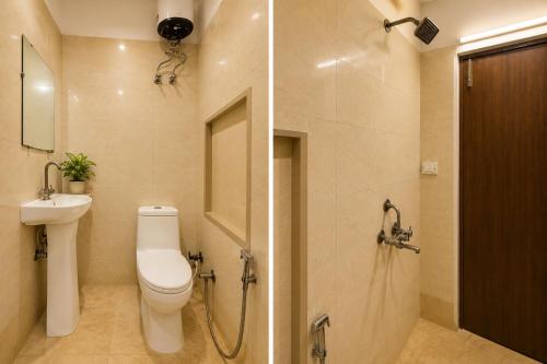 two pictures of a bathroom with a toilet and a shower at Hotel Gold Ston Near Yashoda Hospital & Vaishali Metro in Ghaziabad