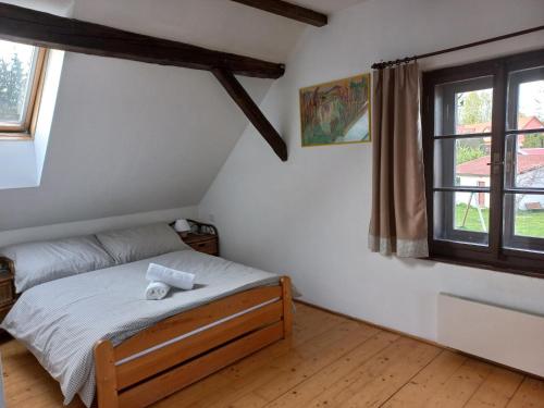 a bedroom with a bed and a window at Penzion U Dračice in Nová Bystřice